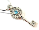 Holy Land Market Shema Israel prayer on Key with Star of David and stone necklace with long chain - Rhodium plated