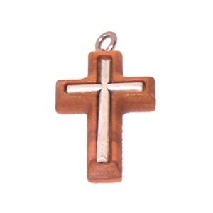 Olive wood Cross with Embedded pewter Cross - Latin (3cm - 1.2") - 5mm thick