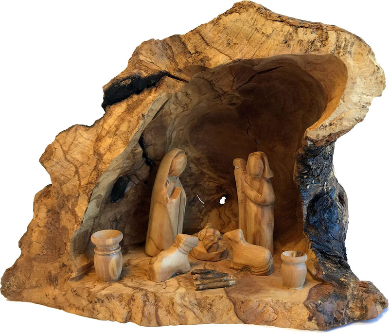 Holy Land Market Unique Olive Wood Nativity Set with Carved in by Hand Rustic Stable - no Two Alike