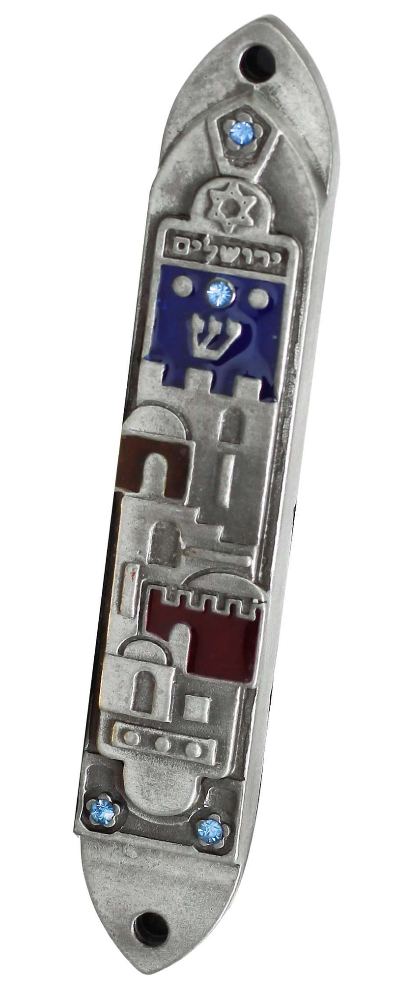 All-silver pewter mezuzah, Jerusalem skyline relief, blue crystals, front view