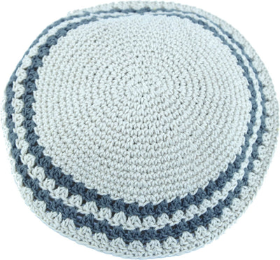 Beige/Dark Grey 17cm DMC 100% Knitted Cotton Kippah Torah Chabad CapJewish