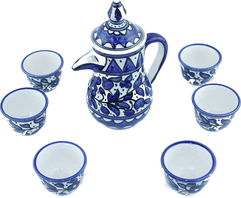 Ceramic Coffee Set - Blue Flower design (8.7 Pot & 1.6 Inch each Cup or 22 & 4.05 cm) - Asfour Outlet Trademark