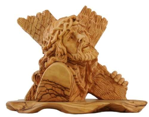 Mercado de Tierra Santa Jesús cayendo bajo la cruz - Estatua de madera de olivo - Calidad de museo (8 pulgadas de alto)