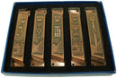 Large Set of 5 Copper Tone with Clean and Smooth Cut and Gold Plated Mezuzahs Symbols with Different enameled Themes. Each is About 4 Inches and Comes with Scrolls and Screws for Hanging