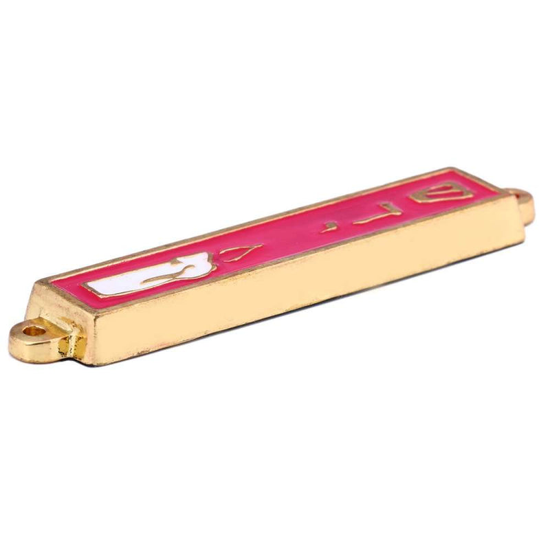 Hot pink enamel mezuzah case with white candle motif, angled view
