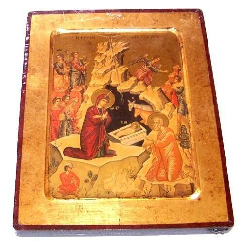 Icono del nacimiento de Nuestro Señor del Mercado de Tierra Santa con hojas de oro (Litografía)