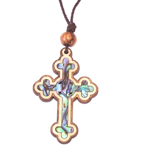 Celtic Olive wood Crucifix with Mother of Pearls (60cm / 23.5 inches, Cross is 5cm or 2 inches)