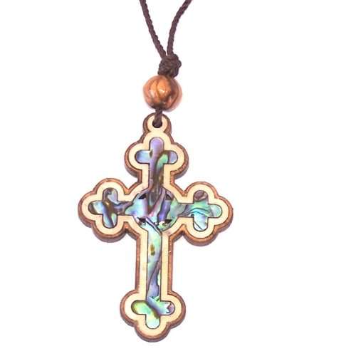 Crucifijo celta de madera de olivo con madreperla (60cm / 23.5 pulgadas, la cruz mide 5cm o 2 pulgadas)