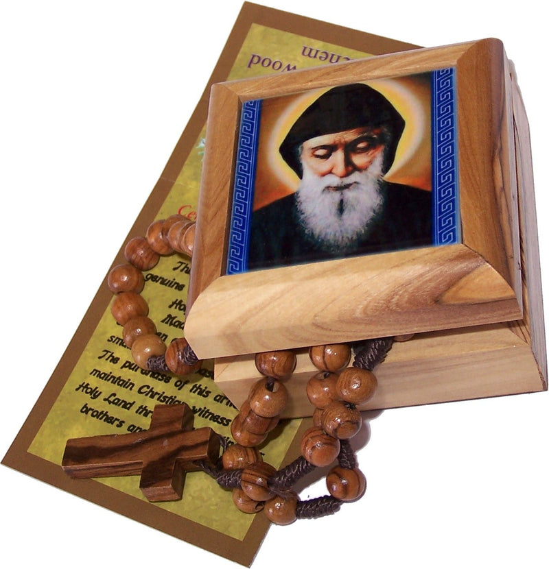 Holy Land Market Olive Wood Rosary and Box from Bethlehem (Mar Charbel - Lebanese Saint)