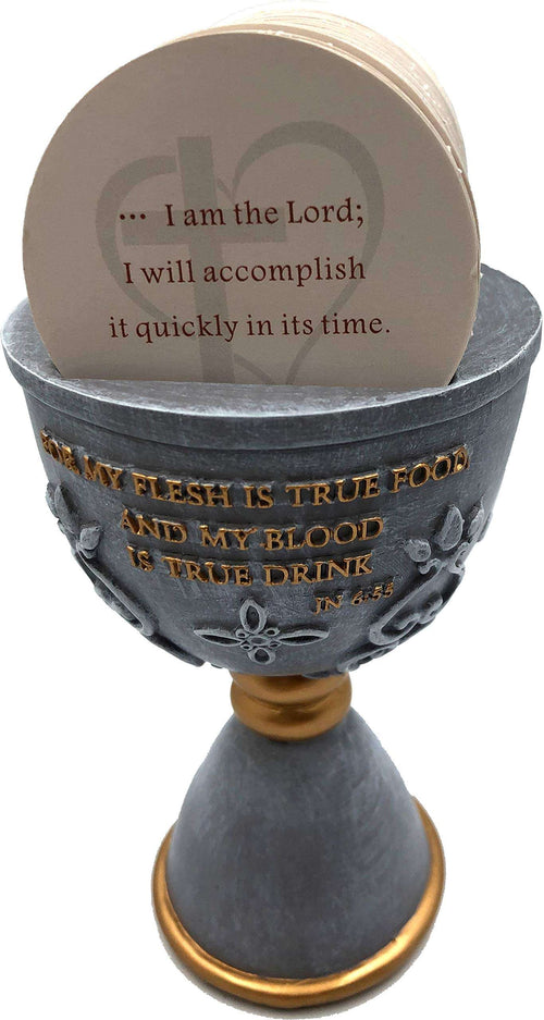 Copa de Comunión de Piedra del Mercado de Tierra Santa / Cáliz y Hostias con 150 Versículos Bíblicos Diferentes (15 cm de alto) - Gris Oscuro