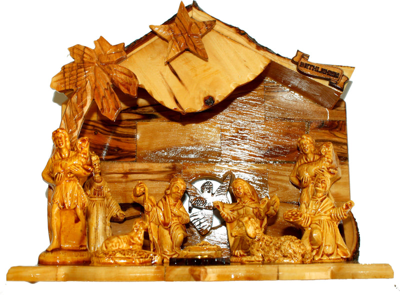 Holy Land Market Musical Olive Wood Nativity Set with Rustic Stable (Bark Roof) - Glued Alabaster Pieces