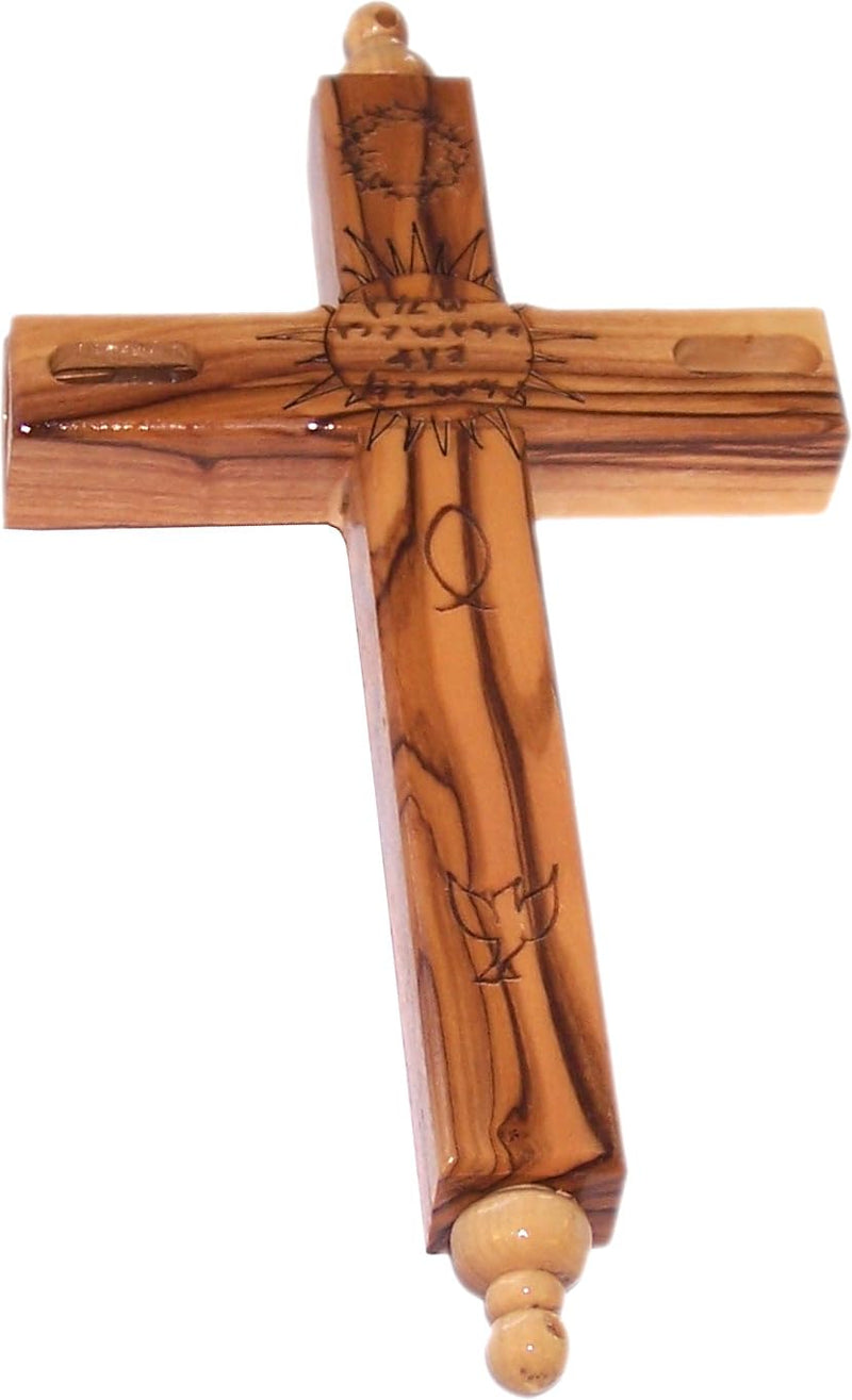 Holy Land Market Hanging Olive Wood Guardian Cross for Family Protection With Biblical Scriptures And Embedded Relics