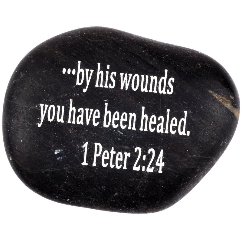 Holy Land Market Engraved Inspirational Scripture Biblical Black Stones Collection - Stone XIII : 1 Peter 2:24 :" by his Wounds You Have Been Healed.