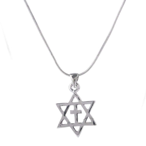 Estrella de David Mesiánica bañada en Rodio y Cruz (2 cm - 0.8 pulgadas - Cadena de 20 Pulgadas)