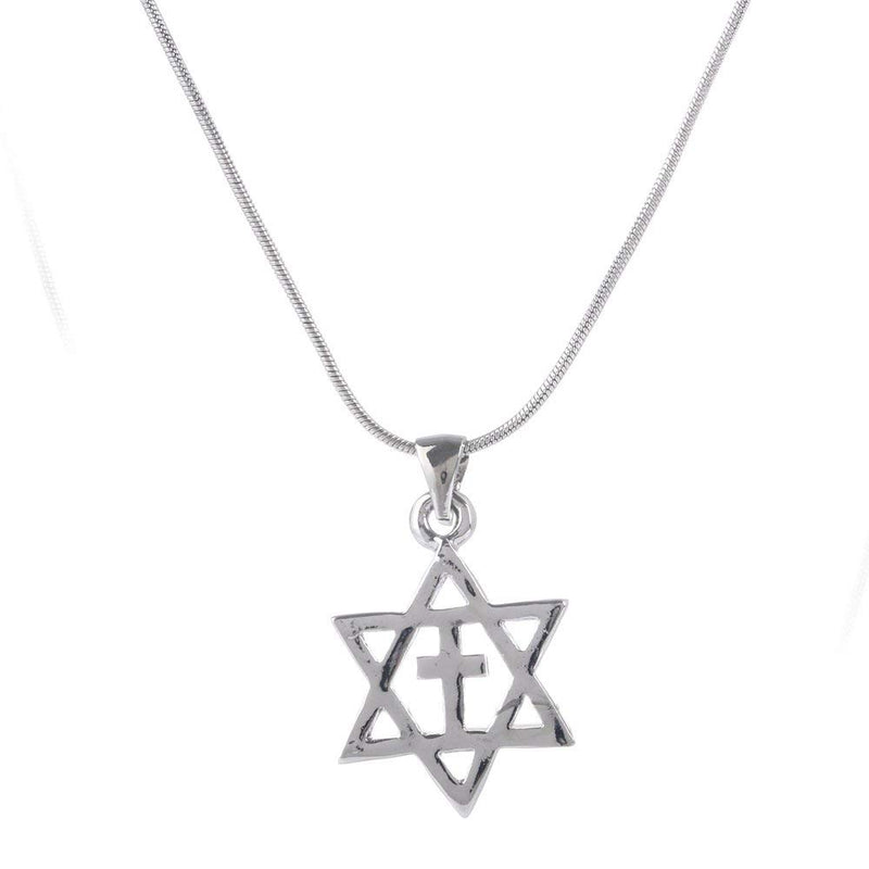 Messianic Rhodium plated Star of David and Cross (2 cm - 0.8 inches - 20 Inch Chain)