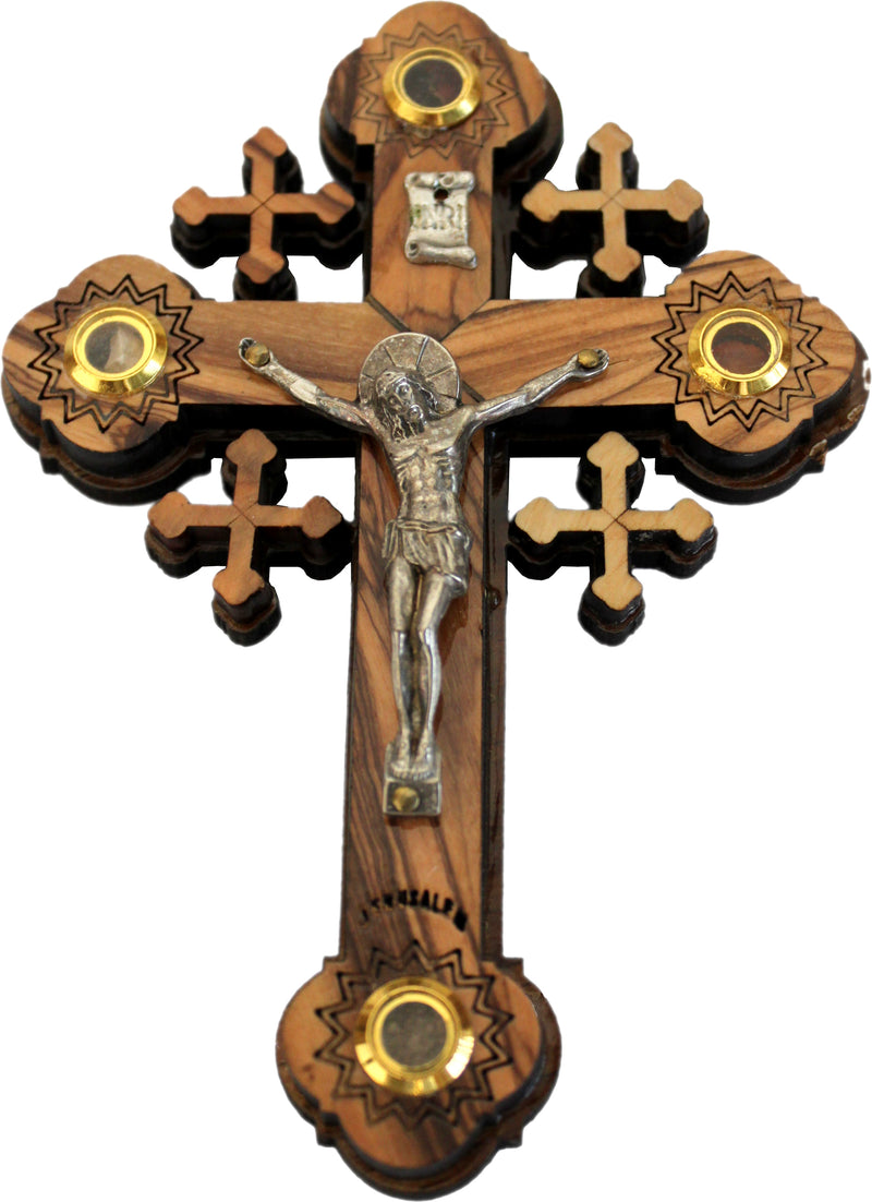 Layered Olive Wood Cross Carved by Laser with Holy Land Samples - Hanging (12 cm or 5 inches) Small/Certificate