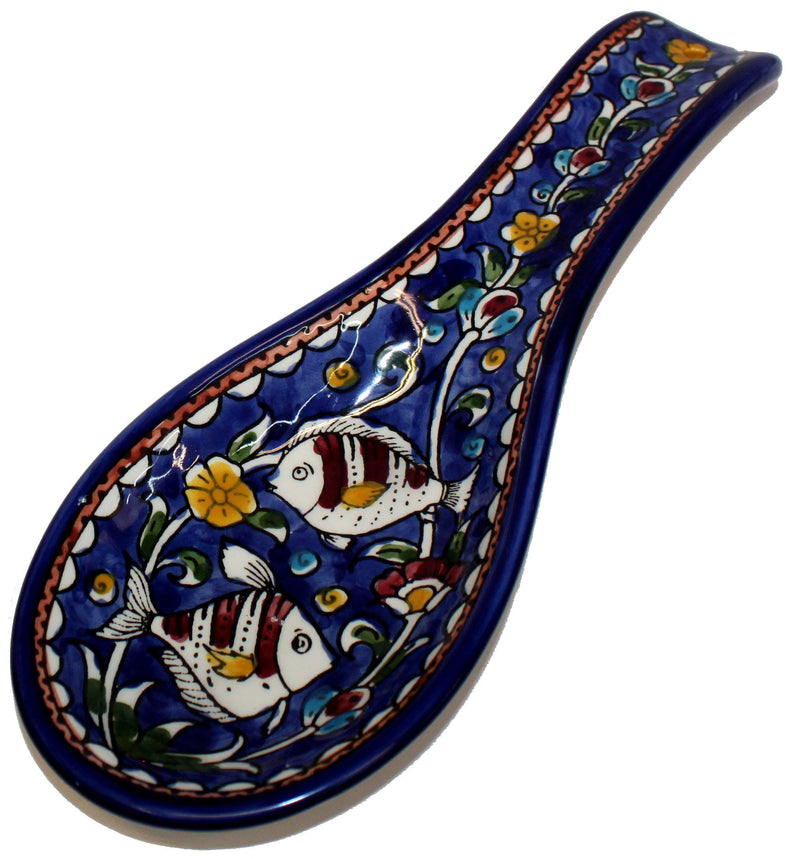 Armenian hand painted cooking Spoon Rest/Ladle Holder - Large with deep Round Cup part - Asfour Outlet Trademark