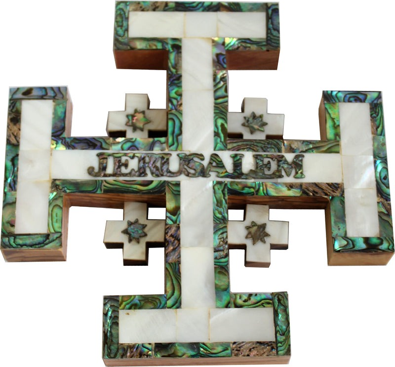 Holy Land Market Olive Wood Jerusalem Cross Covered with Mother of Pearls Shell - Small