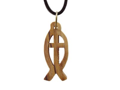 Olive Wood Fish With Cross Pendant (1.3"H)