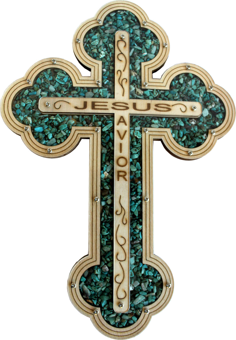 Cruz de Jesús Salvador Llenada con piedras semipreciosas de cornalina rojiza ardiente de la Tierra Santa