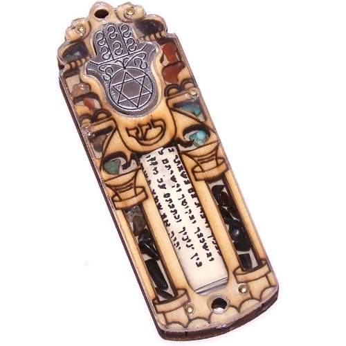 Star of David & Hamesh Hand Mezuzah with Israel Gemstones - 3 Layers Wooden Mezuzah (10cm or 4 inches)