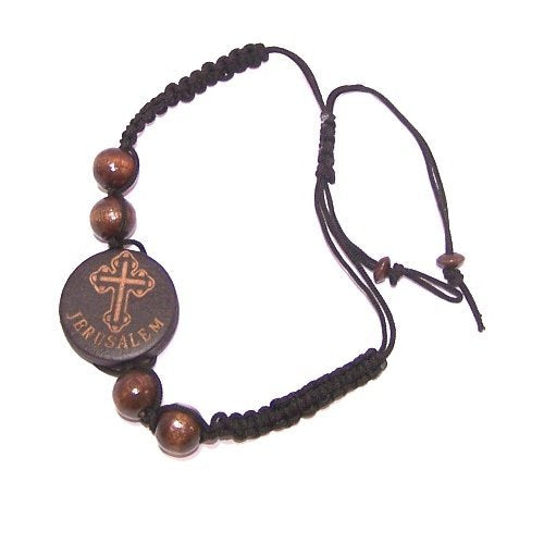 Threaded wooden beads bracelet with Jerusalem and Cross - Adjustable ( fits all ) - Brown or Black Cord