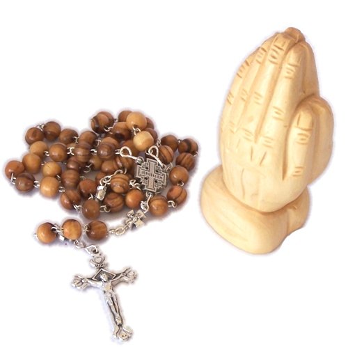 Jerusalem Cross Olive Wood Rosary - With Organza bag and a small olive wood P.
