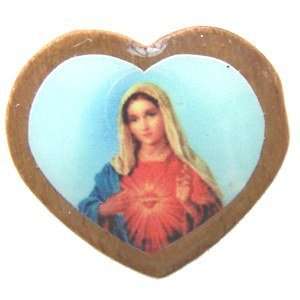 Centro de corazón de María de madera - corazón esmaltado (18x16 mm -0.7x0.6")
