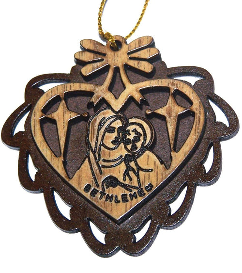 Adorno de Madre María con Niño tallado en madera de olivo de dos capas de caoba - Madera de olivo - todo tallado dentro de un corazón (5.5 cm o 2.2 pulgadas con certificado) y cuerda dorada