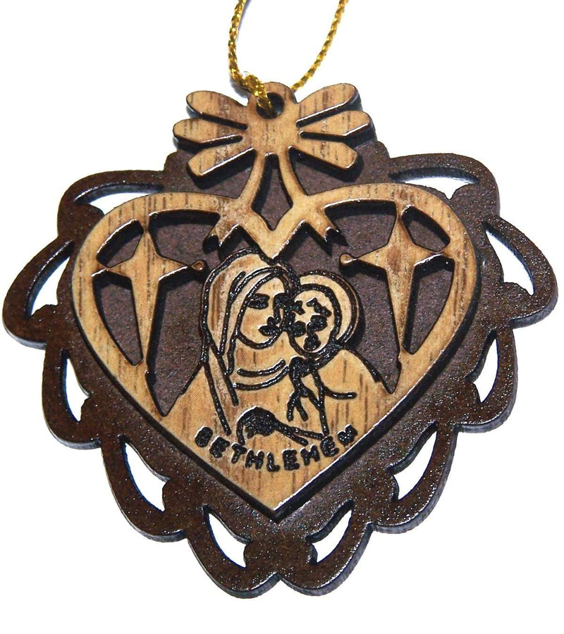 Adorno de Madre María con Niño tallado en madera de olivo de dos capas de caoba - Madera de olivo - todo tallado dentro de un corazón (5.5 cm o 2.2 pulgadas con certificado) y cuerda dorada