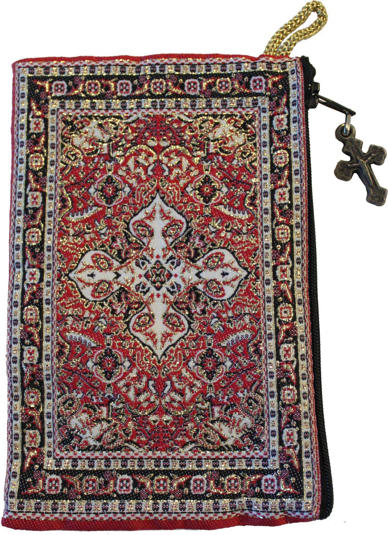 Red oriental carpet weave with cream cross medallion at centre