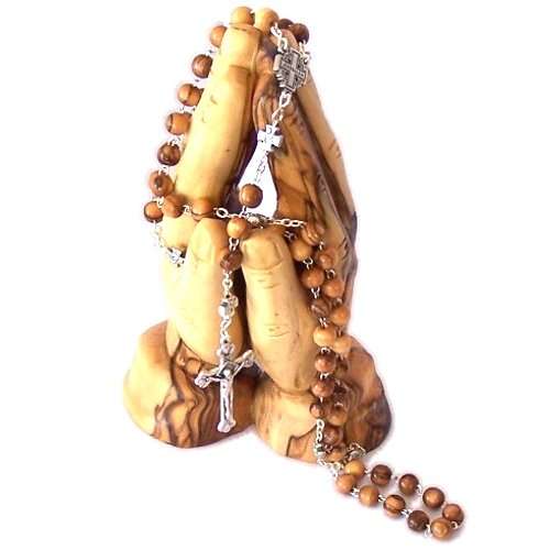Rosario de madera de olivo con cruz de Jerusalén - Con bolsa de organza y grandes manos en oración