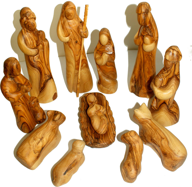 Mercado de Tierra Santa escena de nacimiento moderna/abstracta extra grande - Madera de olivo Grado A - Conjunto de 12 piezas