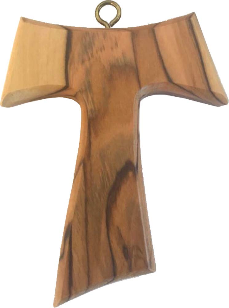 Holy Land Market Large and Thick Wall Tau Hand Carved Olive Wood Tau Cross with Hook - Hanging (10 cm or 4 inches) with Certificate
