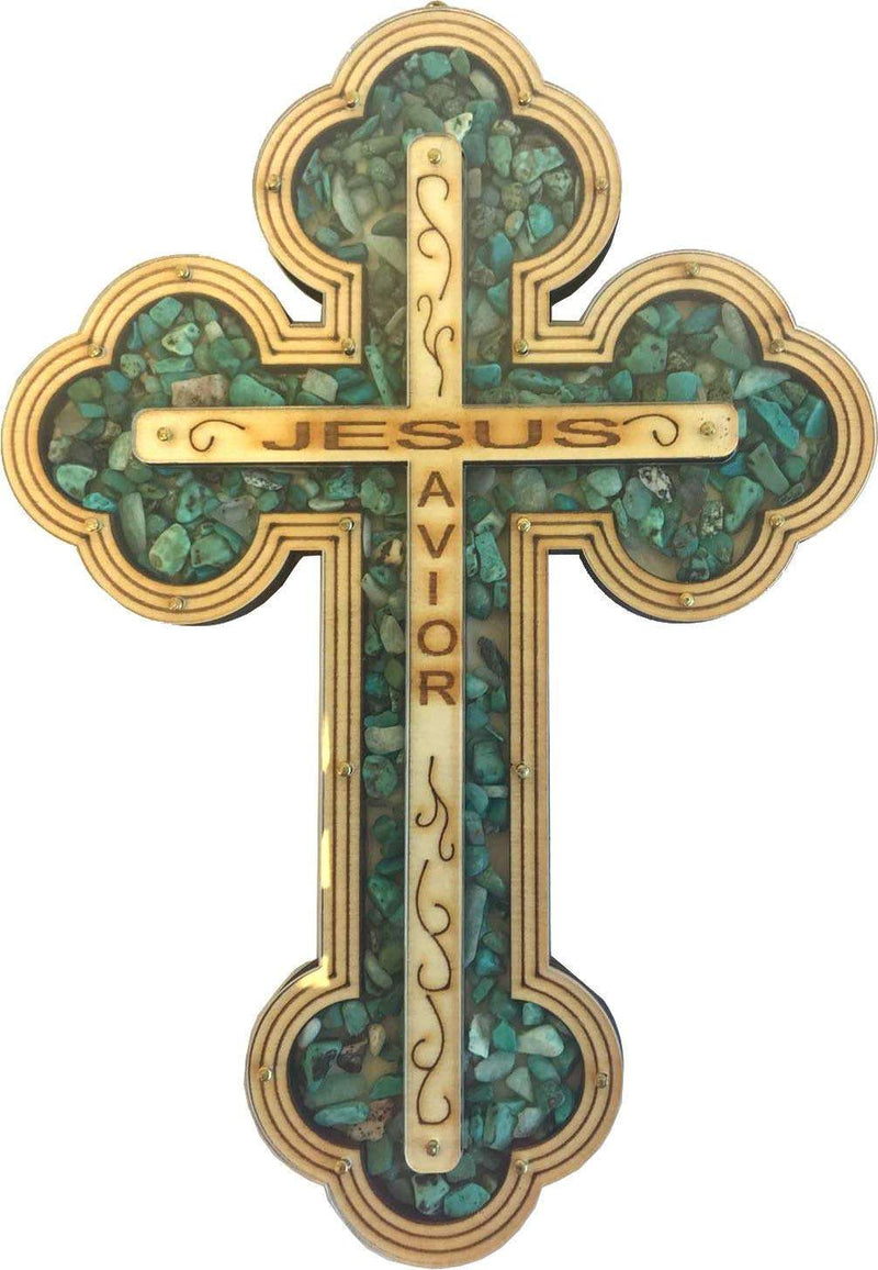 Cruz de Jesús Salvador Llenada con piedras semipreciosas de cornalina rojiza ardiente de la Tierra Santa