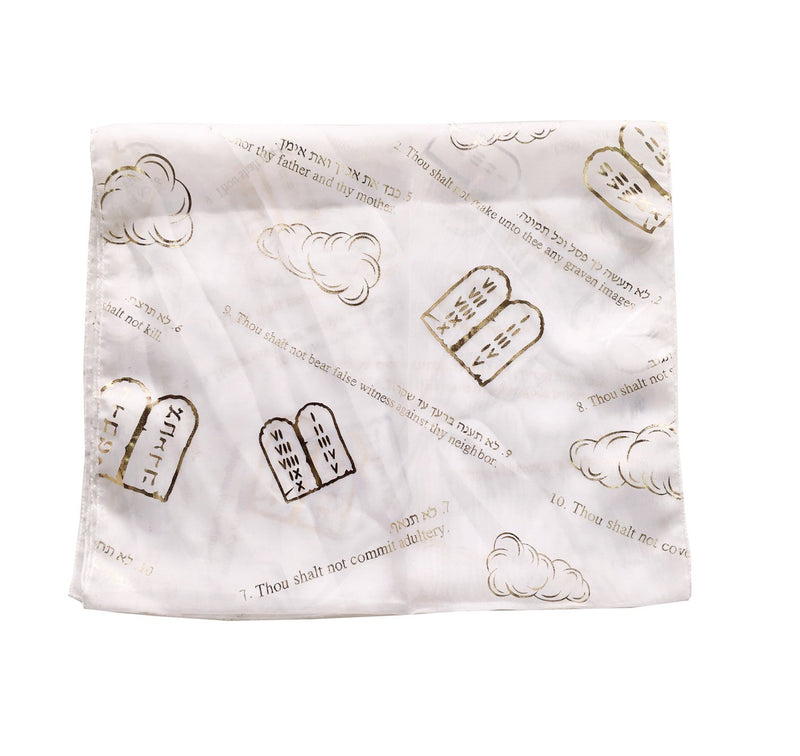 White polyester prayer scarf with gold 10 Commandments print, folded