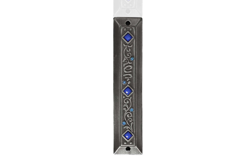 Mezuzá de Peltre del Mercado de Tierra Santa con Piedras Azules Joyadas (3.5 Pulgadas con Pergamino)