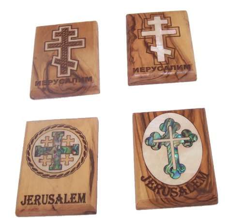 Juego de 4 imanes - Madera de olivo (6x4 cm o 2.4x1.6 pulgadas) - con incrustación de madreperla / Certificado incluido