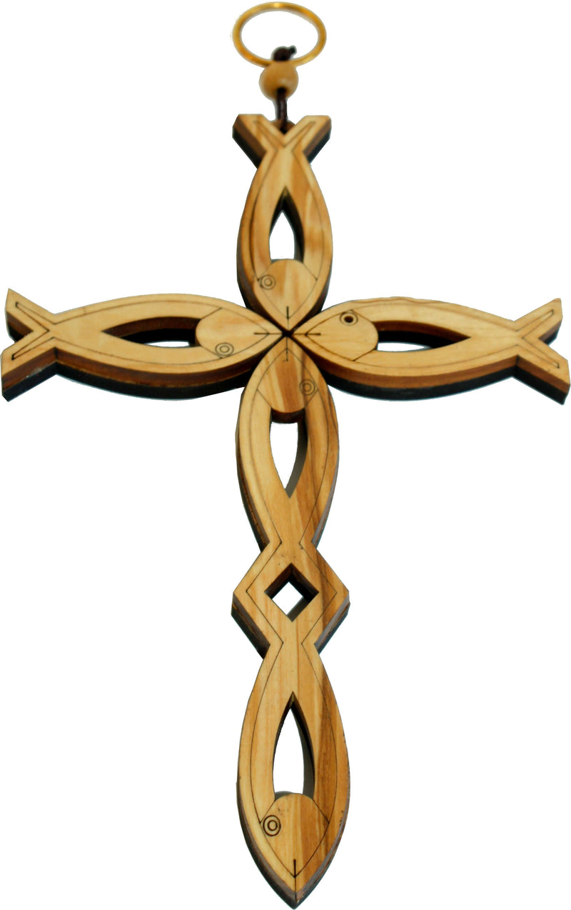 Cruz de madera de olivo del Mercado de Tierra Santa hecha con formas de pez (primer símbolo del cristianismo) - 20 cm - 8 pulgadas con certificado y tarjeta de oración del Señor