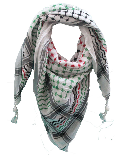 Kufiya Hirbawi original para hombres, bufanda árabe, talla única, negra, roja y verde sobre blanco