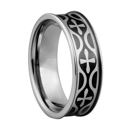 Crosses crafted with Laser on Tungsten ring with 18K black IP plating - 8mm wide
