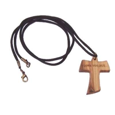 Te amo pero cruz Tau - collar de madera de olivo, el collar mide 60 cm de largo - 23.5 pulgadas)