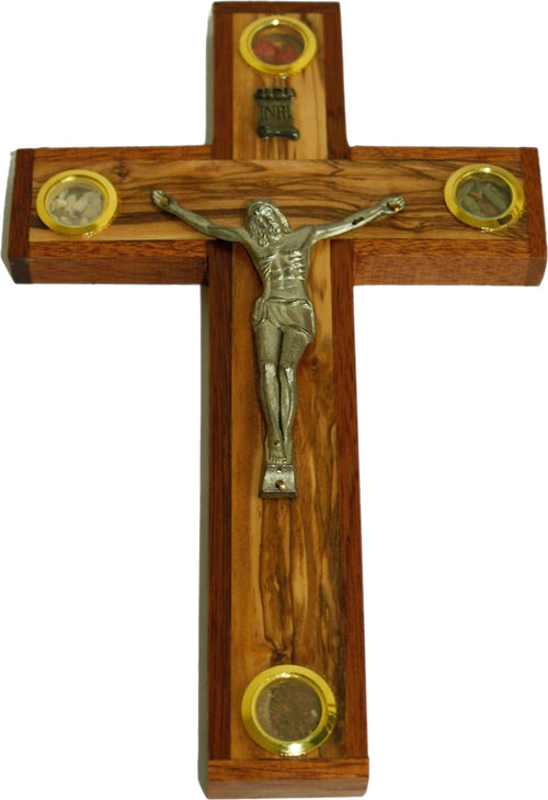 Crucifijo de madera de olivo con madera de caoba del Mercado de Tierra Santa con muestras de Tierra Santa (26 cm - 10.25 pulgadas)