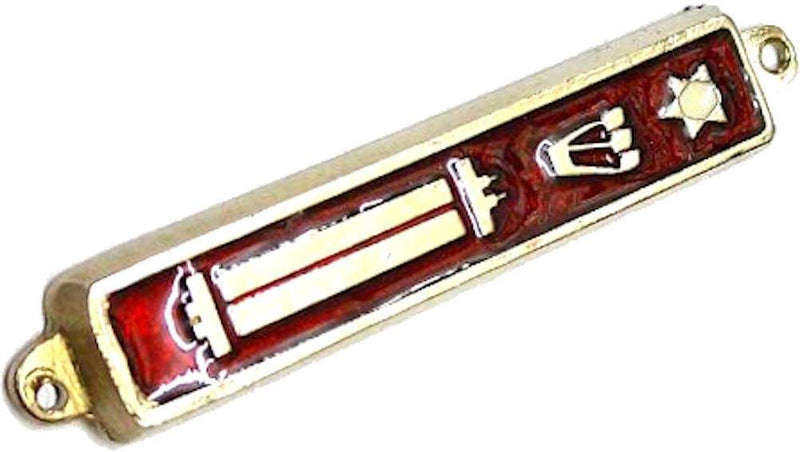Red enamel mezuzah case with gold Torah scroll, Shin and Star of David