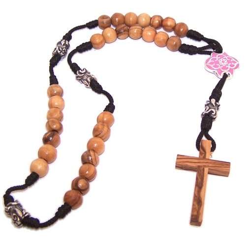 Rosario anglicano de madera de olivo con cuentas de tono plateado y esmalte rosa (40 cm o 1...)
