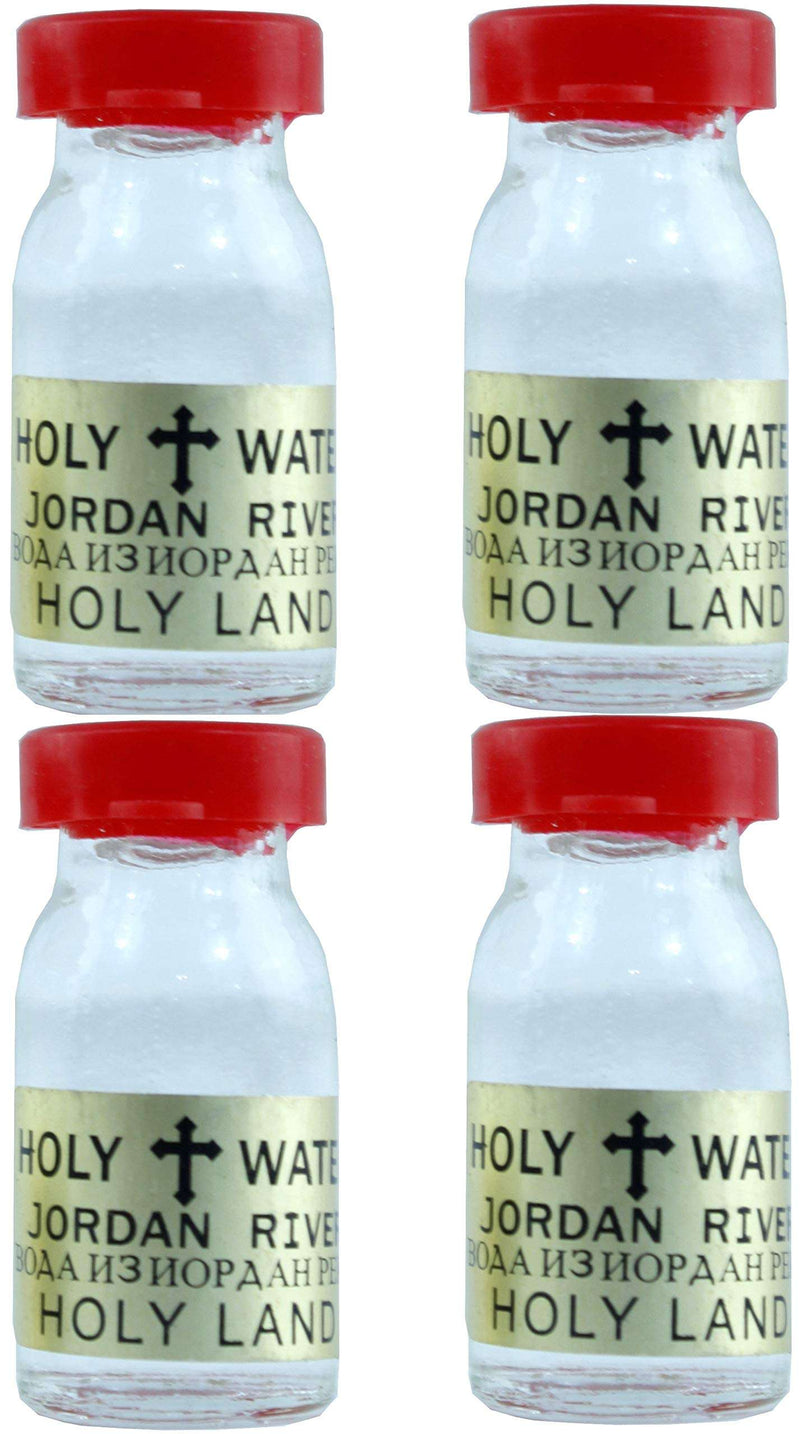 Four glass Jordan River holy water vials with red caps, two by two