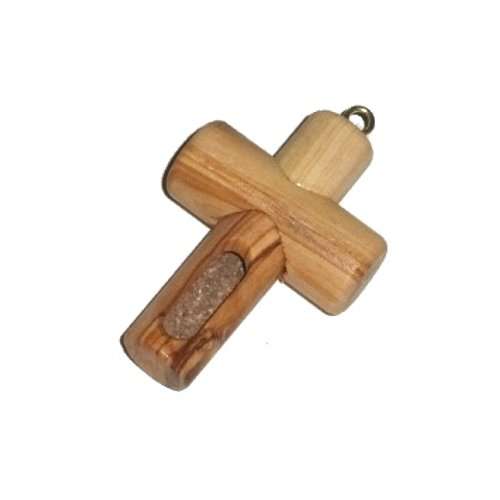 Cruz de Madera de Olivo con Ampolla de Tierra Santa - se puede abrir (6cm o 2.5 pulgadas) - Madera de olivo con Certificado