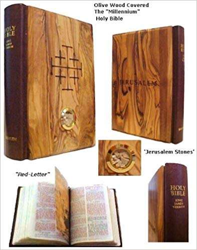 Marketing collage of the olive wood Millennium Bible, stone capsule and red-letter pages