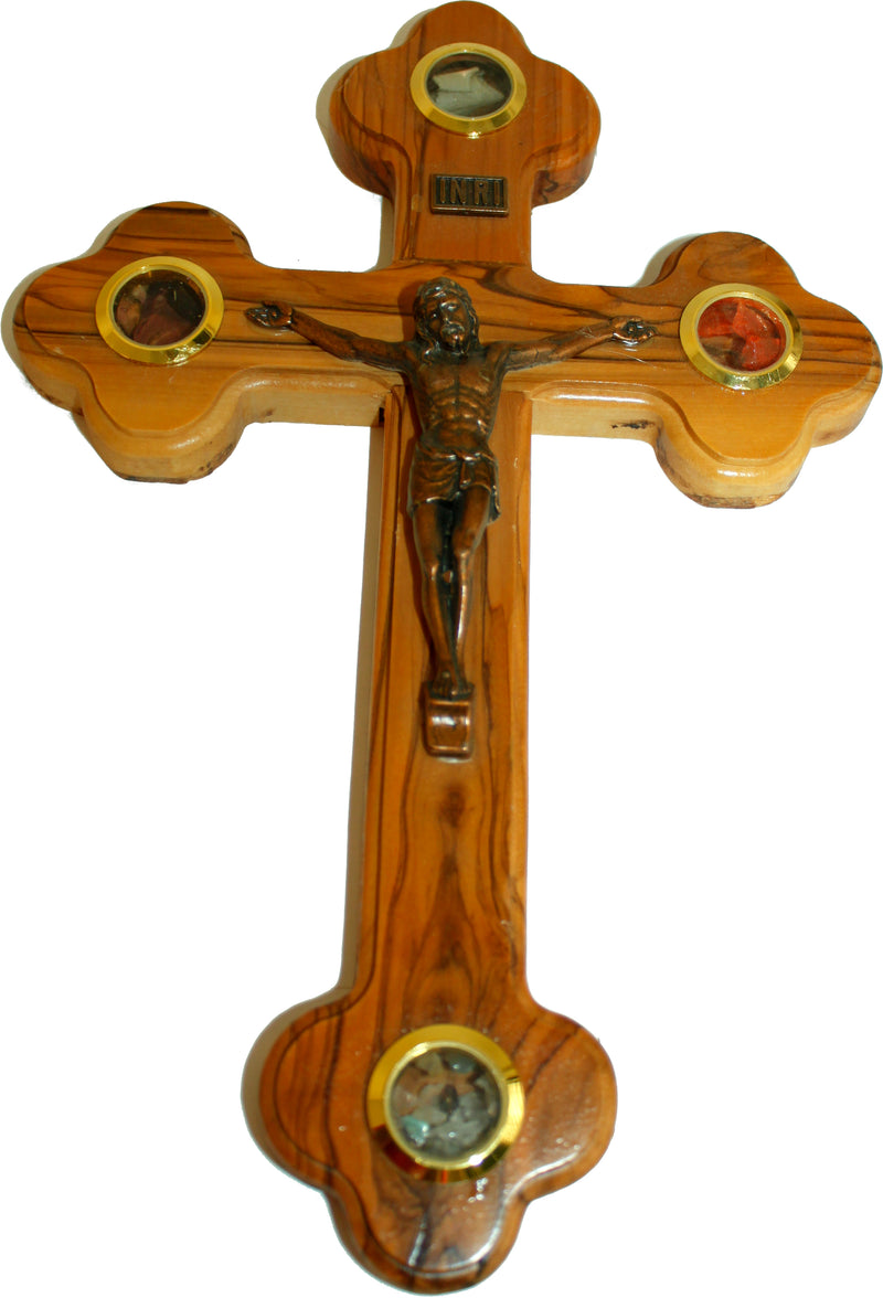 Olive Wood Cross - Byzantine or Orthodox style with Holy Land Samples