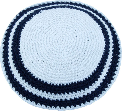 White/Dark Blue, 17cm DMC 100% Knitted Cotton Kippah Torah Chabad Yarmulke